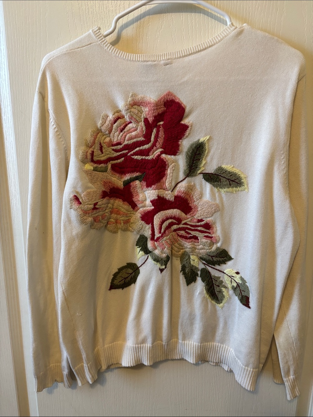 Moth by Anthropologie Cream Crewneck Sweater with Pink & Red Rose Embroidery - Picture 2 of 9
